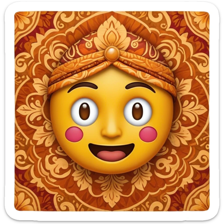 Cinematic Realistic Indonesian Batik Pop Culture Emoji, showcasing intricate, colorful batik patterns rendered with detailed textures and vibrant, cultural lighting. sticker