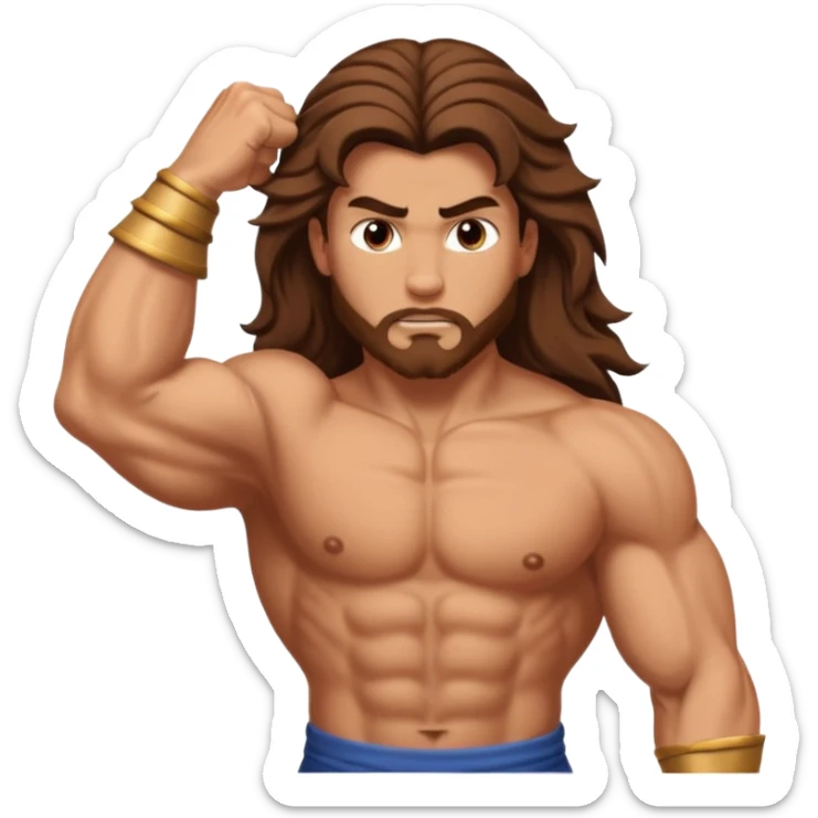 A biblical illustration of Samson, a muscular man with long flowing hair symbolizing his strength. He is depicted about to get a hair cut sticker