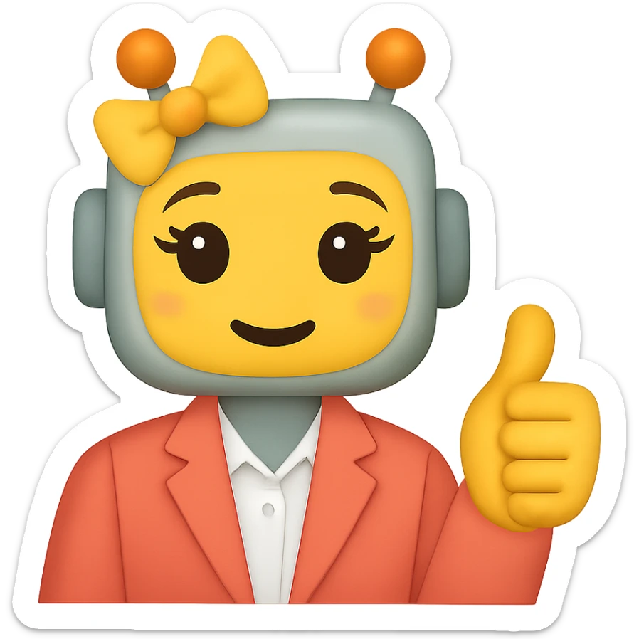 Create an image of a recruiter robot emoji that is even cuter and more feminine, in an apple style, flat, giving a thumbs up, dressed in business casual. The background should be transparent. sticker