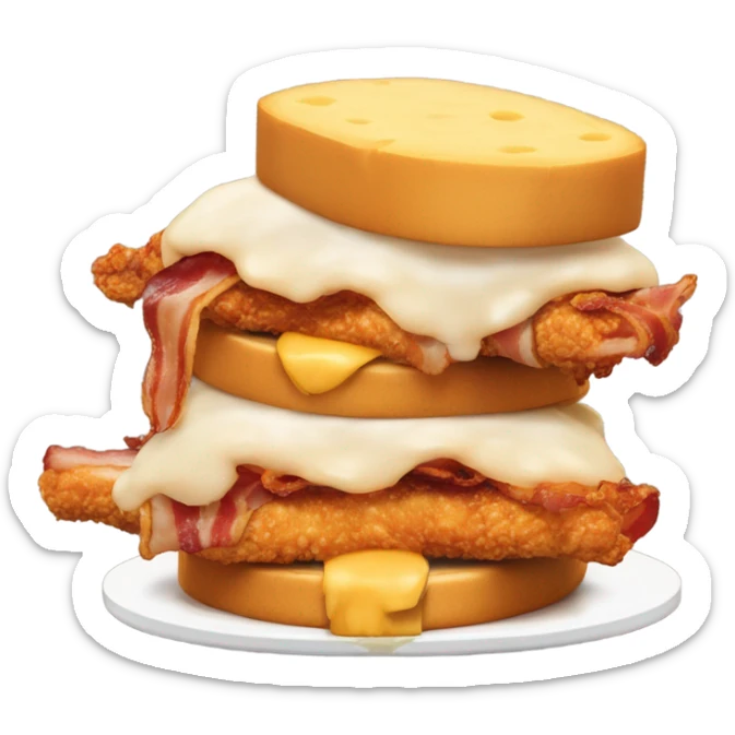 Two fillets of crispy chicken with a slice of cheese, bacon and some sauce in the middle sticker