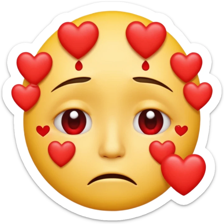 A yellow circular frowning face that is crying, with a dozen hearts floating from top to bottom in front of it sticker