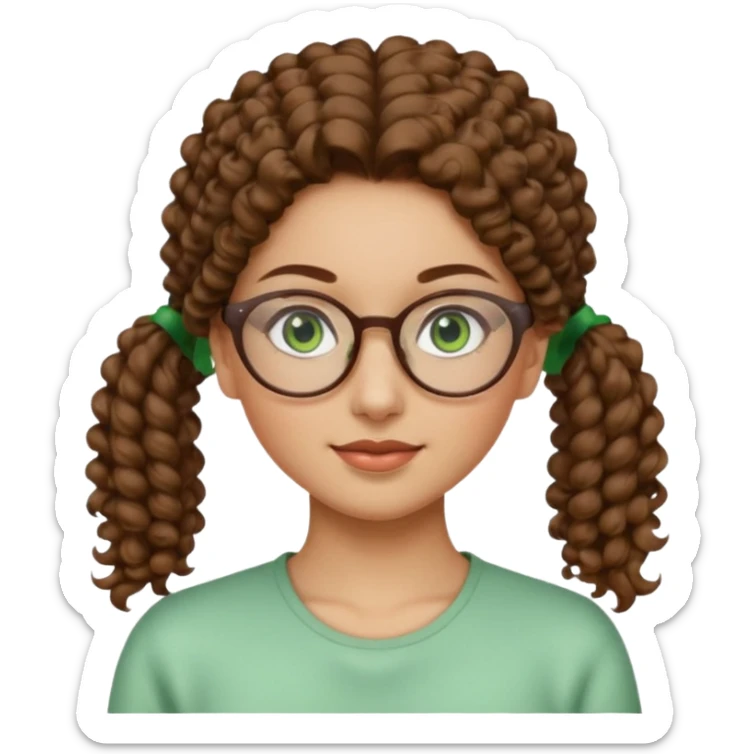 iranian woman, tight curly light brown hair in pony tail, glasses, green eyes, pretty, oval shape face sticker