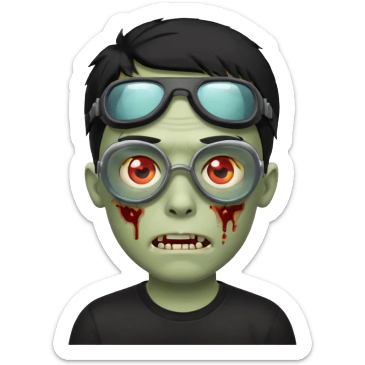 Zombie Emoji AppleIOS Style, lowfade Black Hair, Skin Goggles on right slide of The Head, and Black T-shirt sticker