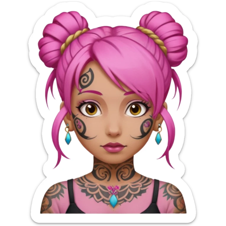 pink hair single bun and lots of face tattoo girl sticker