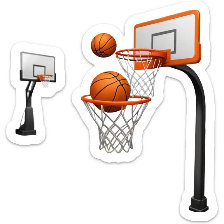 A close-up shot of a basketball entering the hoop, with the ball swishing through and inside  the basket. The background features a blurred basketball court, emphasizing the perfect shot and the excitement of the game. sticker
