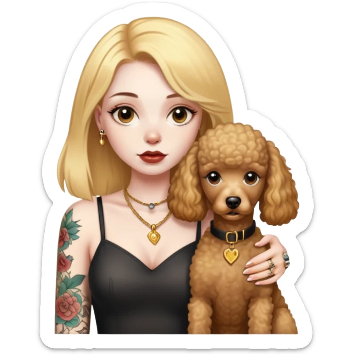 a  girl with glod  straight hair and tattoos and 2 brown poodles sticker