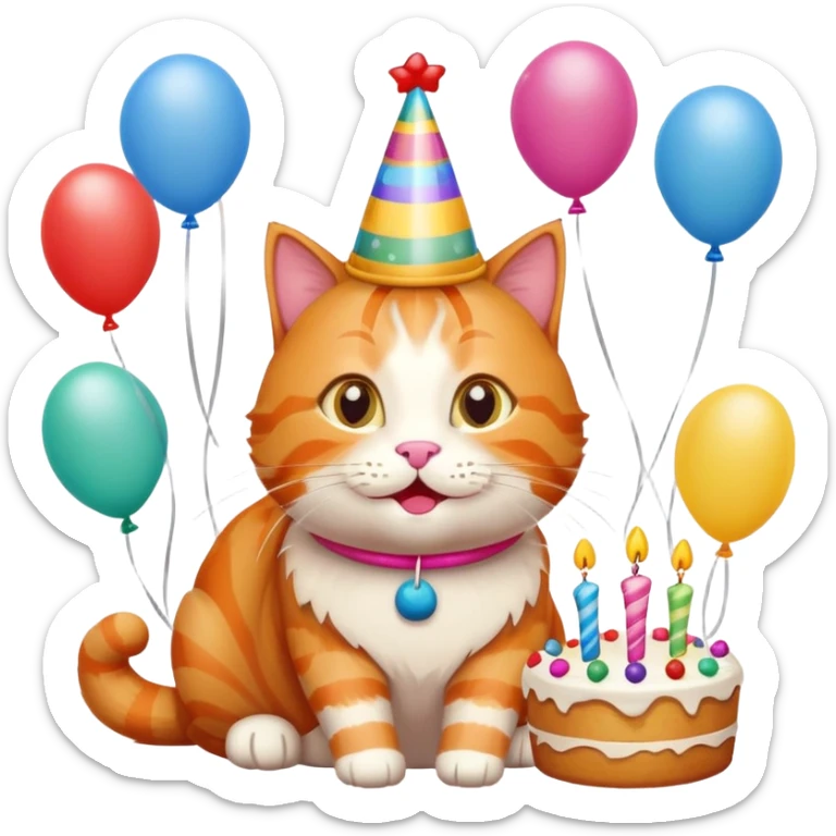 Ginger cat celebrates birthday, birthday hat, birthday cake, balloons, happy, gifts sticker
