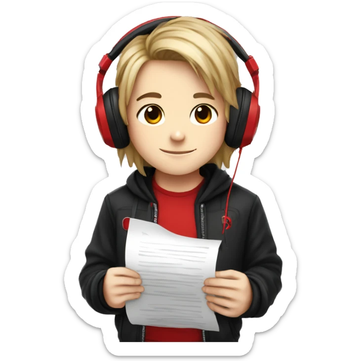 A chibi boy with long hair, in a black jacket with a red T-shirt, wearing marshall major 4 headphones, reads the text from a piece of paper sticker