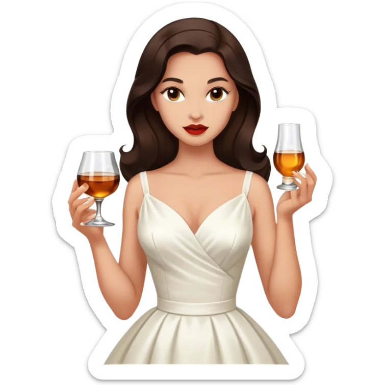 Beautiful woman in 1950’s woman fashion look, white dress, long dark brown hair, whisky with ice sticker