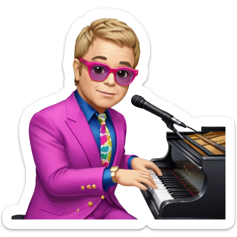 Pop music icon: Elton John at the piano in signature glasses and colorful outfit, George Michael holding a microphone in stylish attire. Stage lights and musical notes in the background. Transparent background. sticker