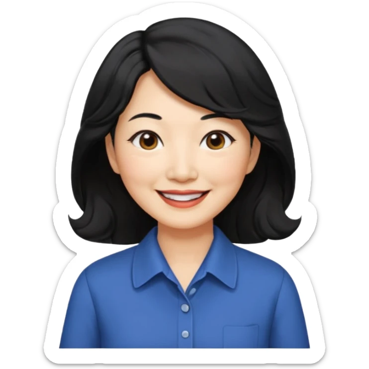 60 yr old asian woman, wavy thick black hair past shoulder length, side part, side swept bang, big smile, collared shirt sticker