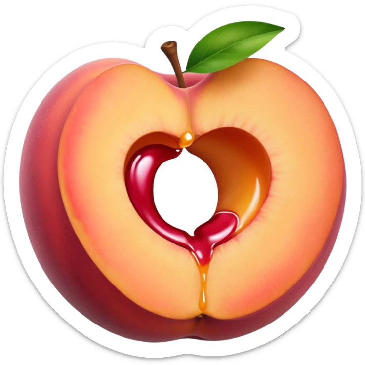 pink hole in the middle of a peach that doesnt go all the way through. milk is leaking out of the hole sticker