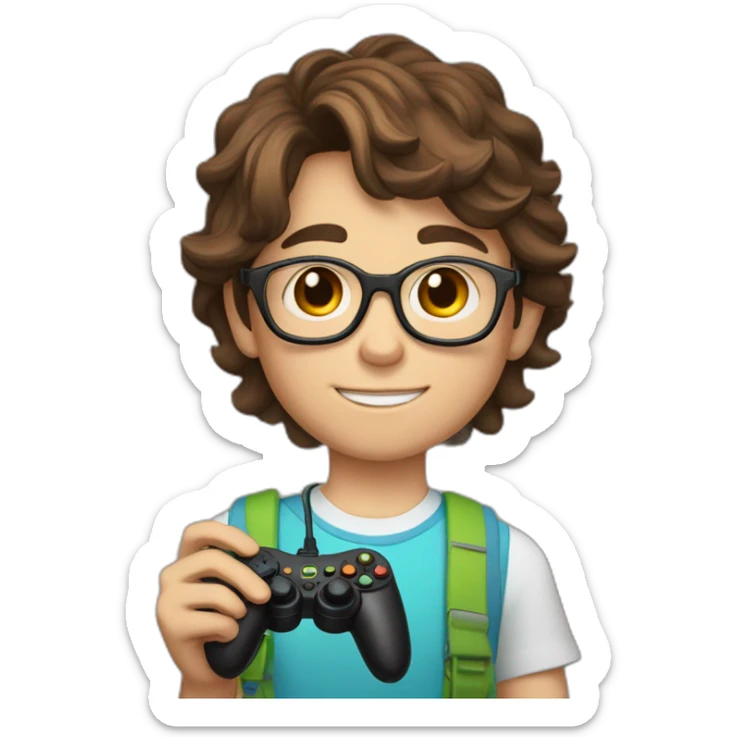 A 12-year-old boy with brown hair and glasses holds a joystick in his hands sticker