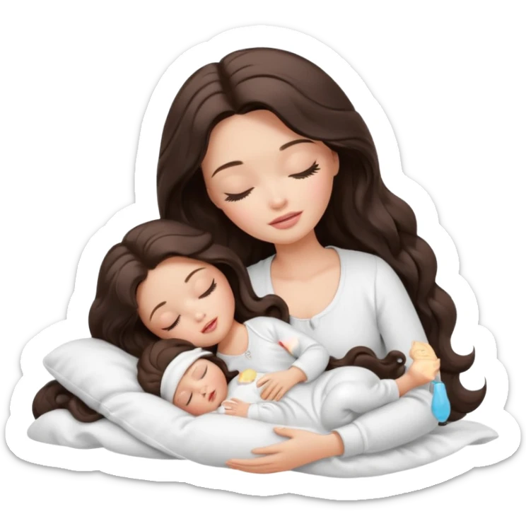 White Barbie girl dark brown long wavy hair in white clothes sleeping with white baby at cream bed, eyes are closed sticker