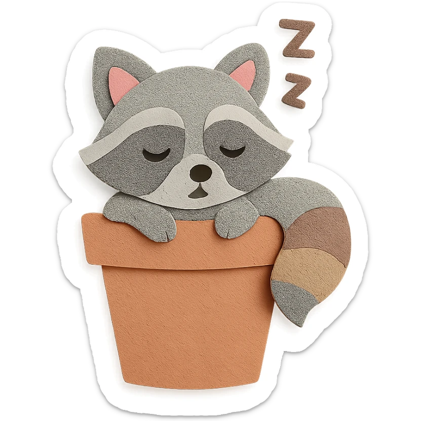 a sleepy raccoon inside a flower pot, pastel earthy colors, paper craft style sticker