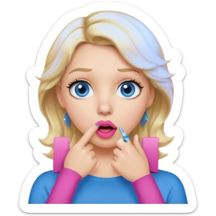 Girl Blonde short wavy hair,  blue eyes, cute blue top, long lashes, pink lips, shocked, hand over the mouth sticker