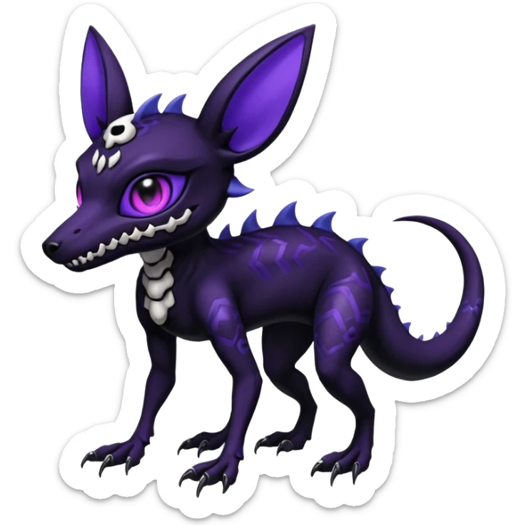 Gothic spooky Scaley Exotic Salandit-Umbreon-Noibat-Fakémon-hybrid-creature (full body), 4 legs, white skull face mask sticker