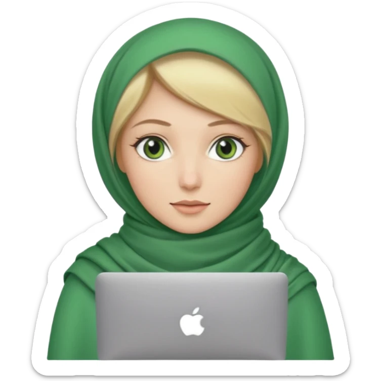 blond women skine , with green eyes , with scarf hijab , hid the hair, with macbook sticker
