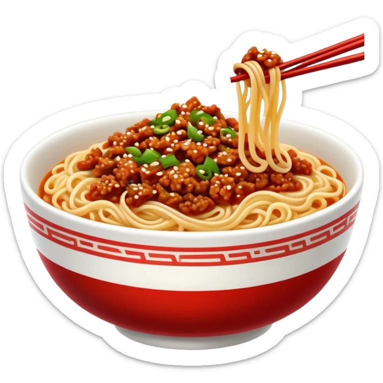 Sichuan Dan Dan Noodles with red chili oil and minced pork, simplified emoji style with bold outlines and bright colors, cartoon style spicy Chengdu street food sticker