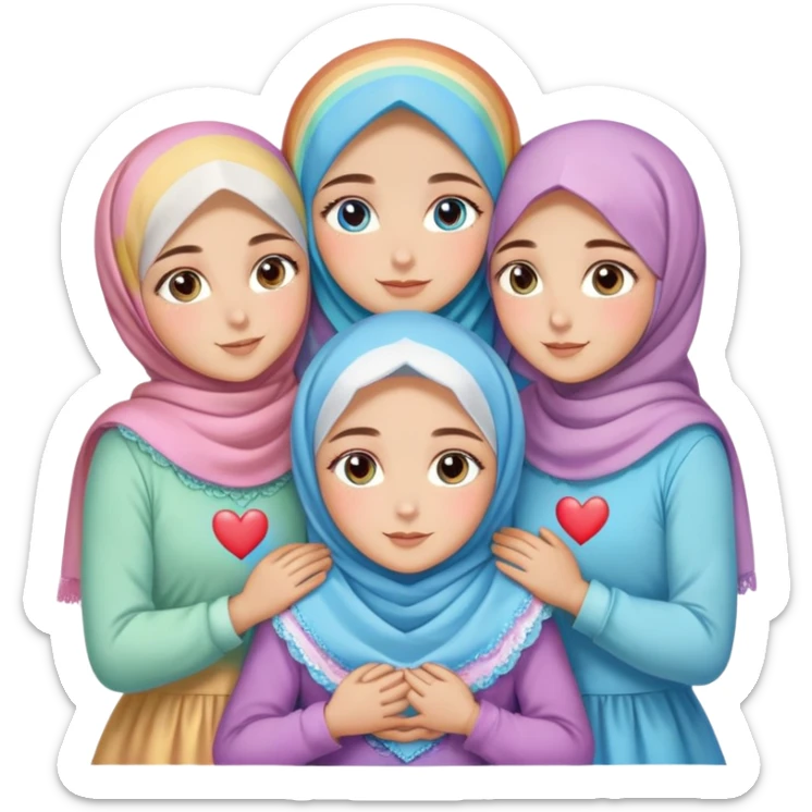 Four sister hugs Turkish girls beautiful finish Konya brown and blue eyes with rainbow pastel hijab and heart dress and hugs  sticker
