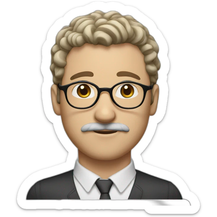 white man with short curly dark brown hair, blue eyes, round eyeglasses and a brown mustache sticker