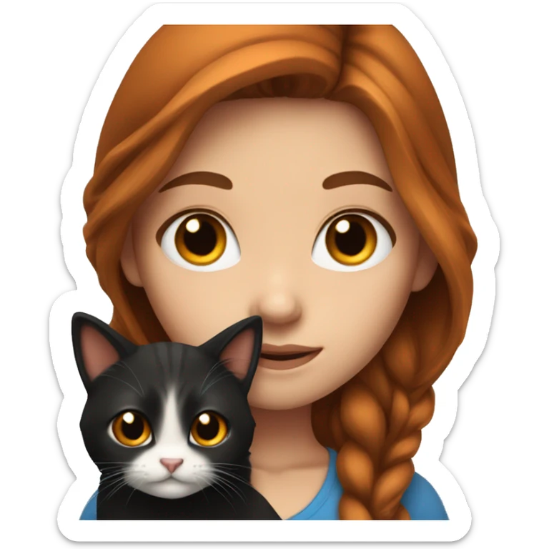 long haired brunette girl with blue eyes holding black and orange cats sticker