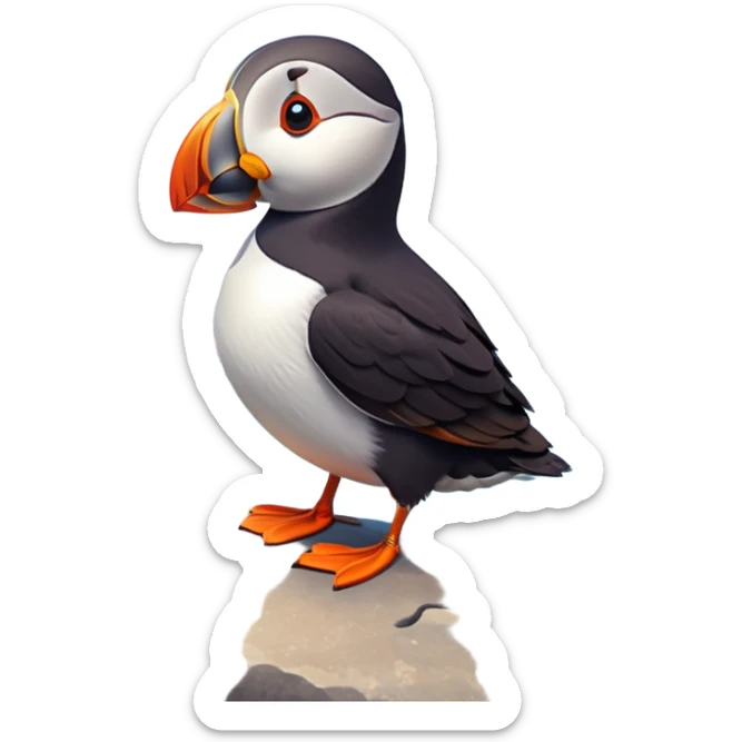 A 3D cartoon puffin bird standing on a rock near the sea, soft daylight, bright colors, realistic Memoji-style. sticker