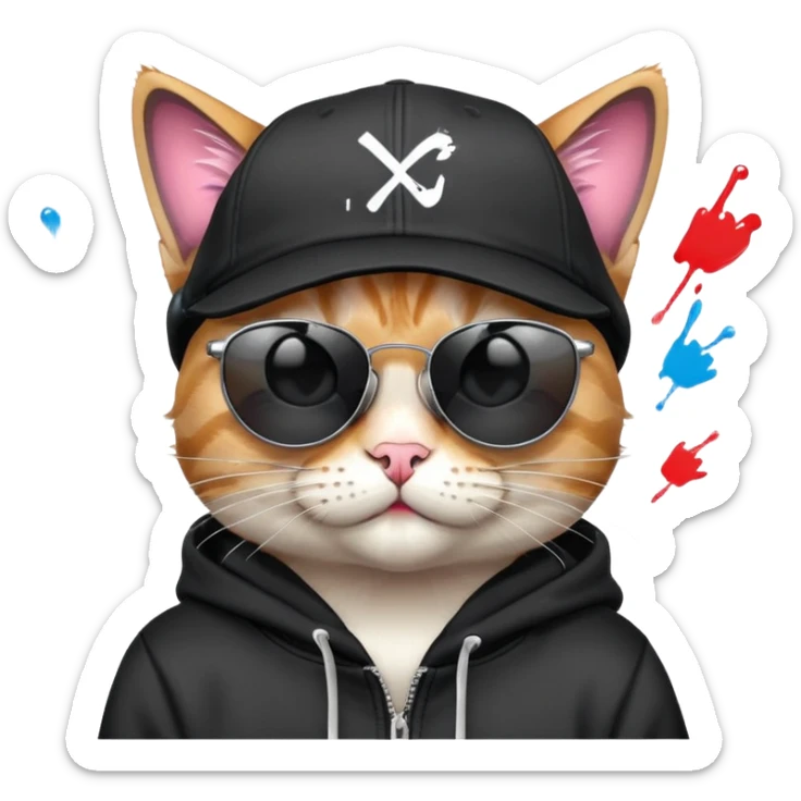 cat wearing a black snapback cap and black hoodie, with black sunglasses positioned low on his nose, winking one eye while looking directly at the viewer over the top of his sunglasses with a mischievous expression, doing graffiti with spray paint sticker