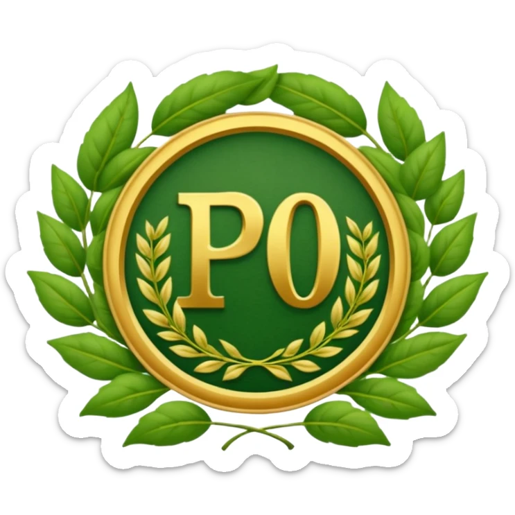 Crea un emoji de un sello o escudo elegante con un borde de ramitas de hojas verdes. En el centro, las letras 'PRO' o un ícono de check (✓) para simbolizar fórmulas probadas. Estilo de certificación. sticker