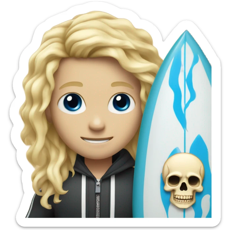 boy with long scruffy blonde hair and blue eyes. holding a surfboard with a skull on it sticker