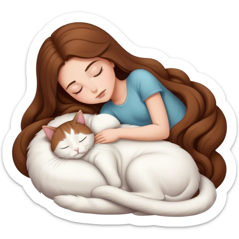 A pretty white girl with very long brown hair and sleeping curled up to a white cat  sticker