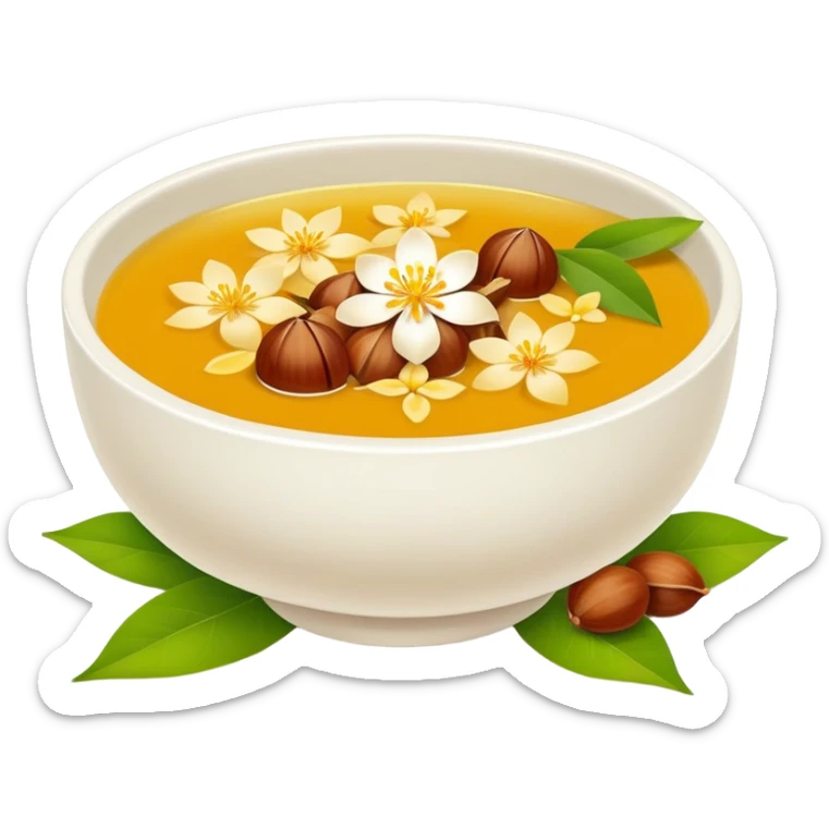 Hangzhou Osmanthus Cassia Soup with chestnuts and flower petals, simplified emoji style with bold outlines and bright colors, cartoon style fragrant dessert bowl sticker