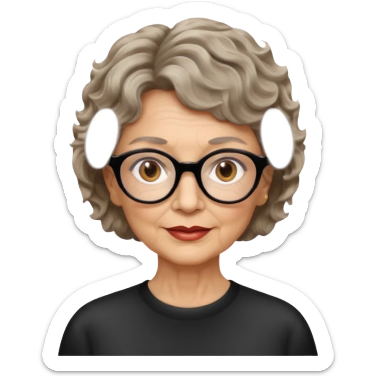 woman 70 years old, short dark blonde weavy hair, brown eyes and round dark glasses sticker