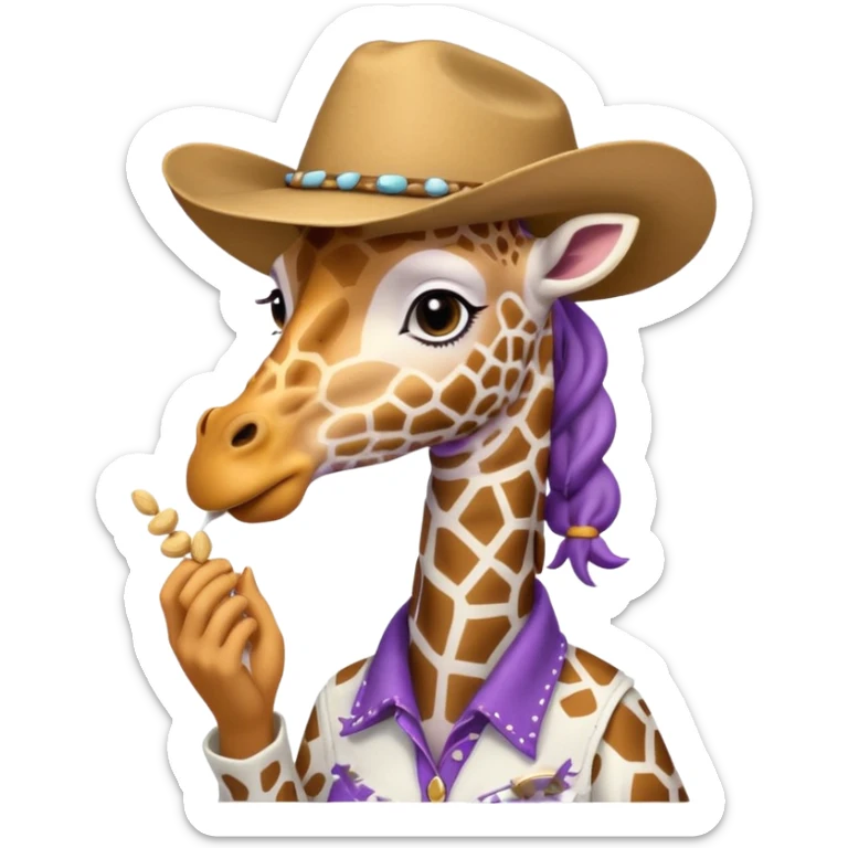 purple cartoon giraffe wearing a white cowgirl hat eating peanuts sticker