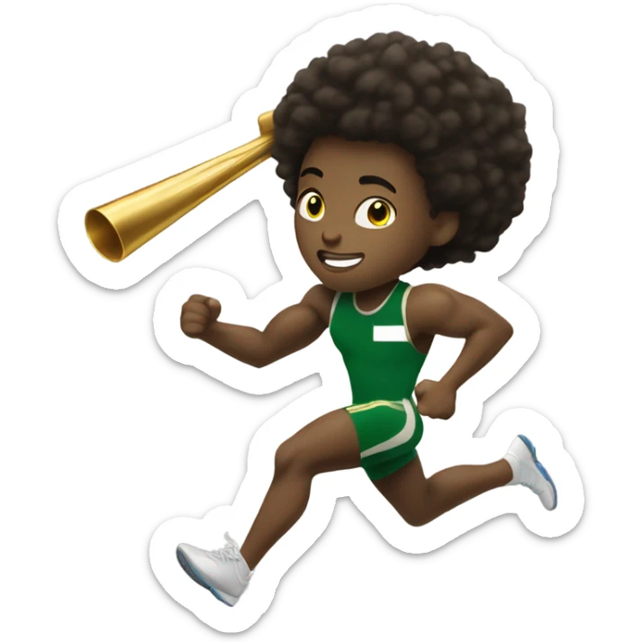 Muscular Afro teenage boy  in green track and field uniform running fast with gold baton. sticker