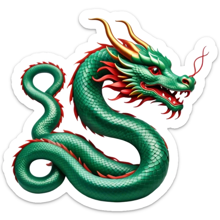Cinematic Noble Chinese Serpent Dragon Portrait Emoji, Poised and majestic, with a sinuous, serpentine body adorned in intricately detailed scales of shimmering jade and soft vermilion, accented by delicate cloud motifs and subtle water ripple patterns; rendered with lifelike texture and gentle natural highlights, high shine, wise and enigmatic, styled with an aura of ancient dynastic grace, focused and regal, soft glowing outline, capturing the essence of a revered celestial dragon that appears ready to glide gracefully through the mists of time! sticker