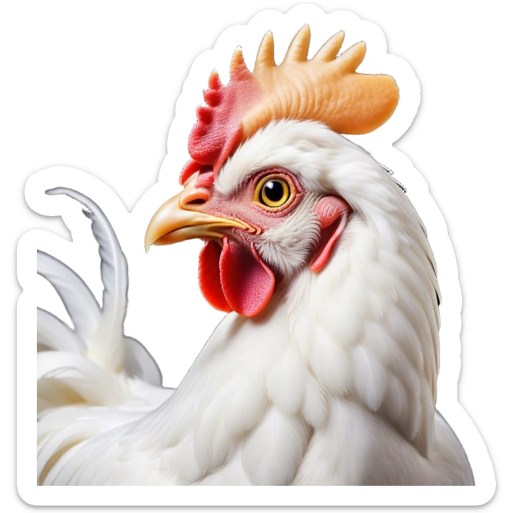 Cinematic Noble White Chicken Portrait Emoji, Poised and regal, with a compact, sturdy build and a pristine, well-groomed pure white plumage, deep-set soulful beady eyes, Simplified yet sharp and sophisticated features, highly detailed, glowing with a soft, dignified glow, high shine, intelligent and alert, stylized with an air of barnyard elegance, focused and attentive, soft glowing outline, capturing the essence of a watchful and confident fowl, so majestic it feels as though it could strut out of the screen with effortless authority! sticker