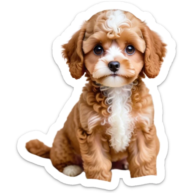 Cinematic Noble Apricot Cavoodle Portrait Emoji, Poised and regal, with a compact, cuddly build and a soft, curly apricot coat accented by gentle white markings, deep-set soulful brown eyes, Simplified yet sharp and sophisticated features, highly detailed, glowing with a soft, dignified glow, high shine, intelligent and affectionate, stylized with an air of elegance, focused and attentive, soft glowing outline, capturing the essence of a watchful and confident companion, so majestic it feels as though it could step out of the screen with effortless authority! sticker