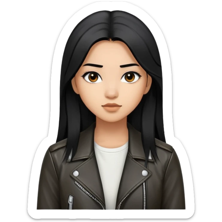 create an emoji of a 22-year-old woman, long straight black hair, black eyes with Asian features, she is brown, wears a black leather jacket with a white blouse underneath sticker