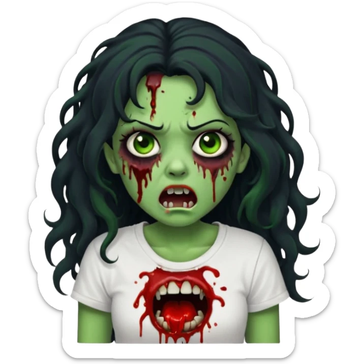 a zombie with long curly black hair volumoso, brown eyes, a white t-shirt and a splash of blood on her t-shirt, mouth open like a zombie, green skin color, not much expression, no drawing on shirt, no hands showing, less blood on her face, less blood, black hair and black eyes sticker