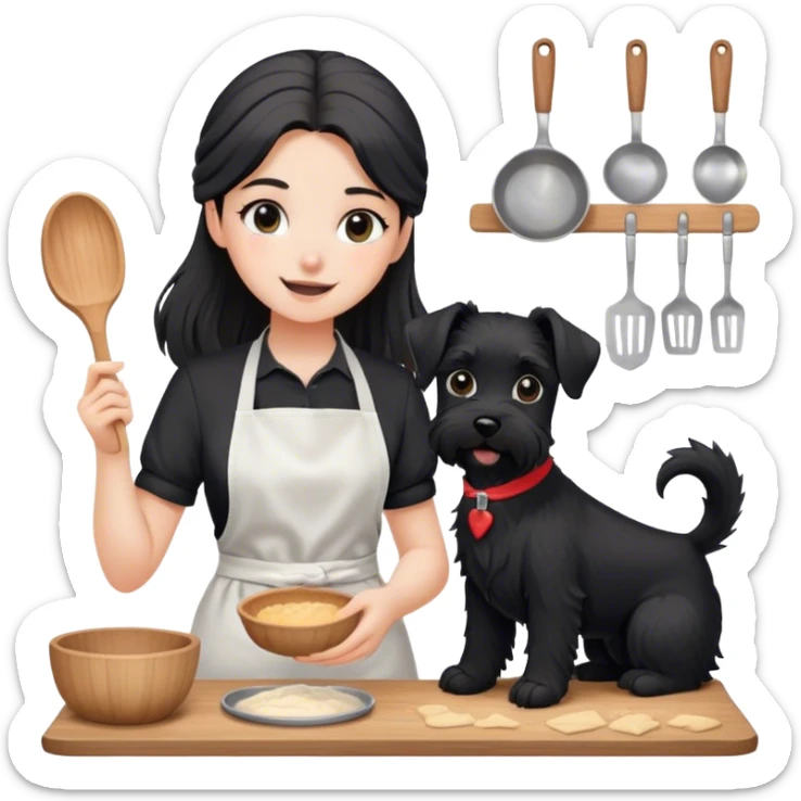 pale smiling girl baking with long back hair wearing black long shirt wearing apron holding black  schnauzer sticker