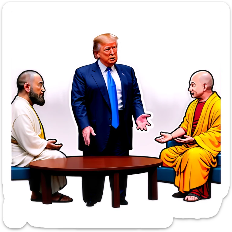 Jesus, Buddha, Musk, Bezos, and Trump in a meeting sticker