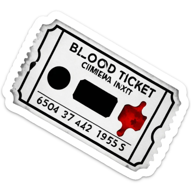 Minimalist emoji-style sticker of an old torn cinema ticket, blood-stained edges and burn holes, grayscale paper

 sticker