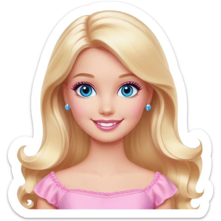 A Barbie-inspired girl with long blonde hair, wearing a pink dress, smiling with bright blue eyes and soft pink makeup, in a pastel background sticker