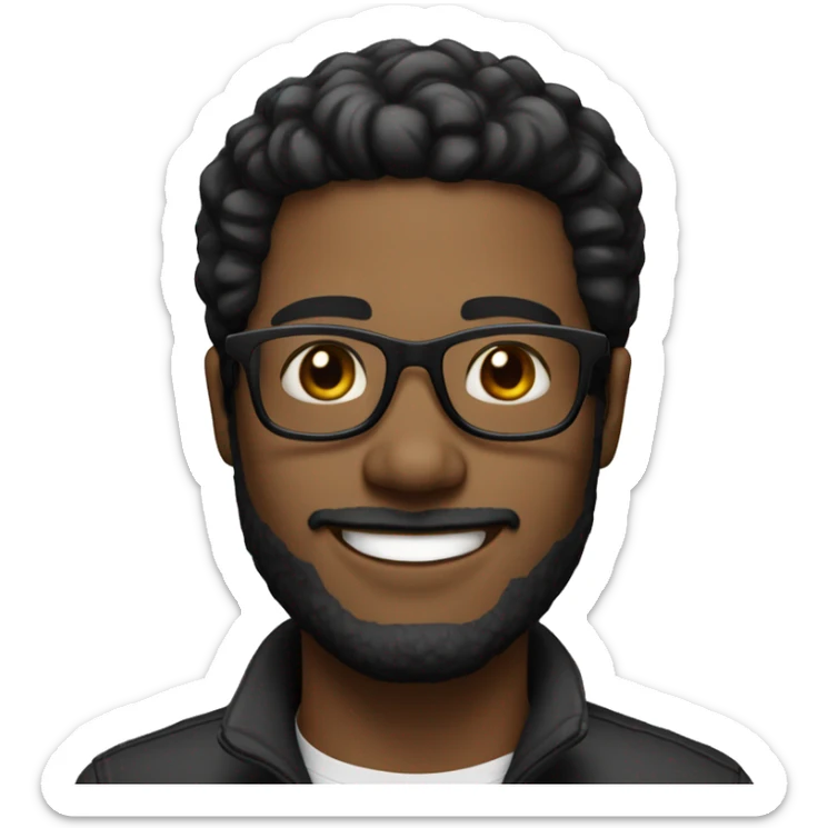 Man who is 30 years old and smilling. He is black hair and black eyes and wear black glasses. White skin sticker