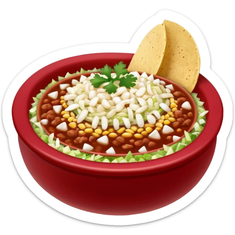 A delicious hot bowl of pozole rojo emoji. Steam rising. Hominy visible. Place the sides next to the bowl: chopped onions, shredded cabbage, lime wedges, red chile de arbol salsa, and full round tostadas sticker