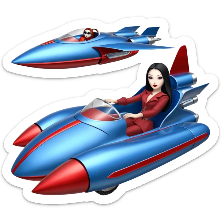 Ultra Jetson’s Jedi teen Morticia Addams flying a chrome accented red and blue Zephyr-J Jumpspeeder anti-gravity repulsorlift powered by an imperial speeder steampunk hypercar  sticker