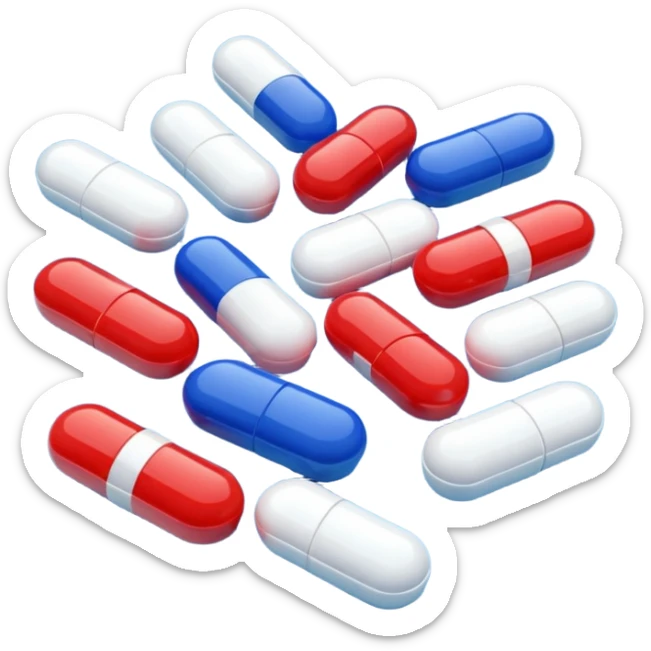 A close-up of mixed pills and capsules, red, white, and blue colors, clean background, light reflections on surface, realistic Memoji-style. sticker