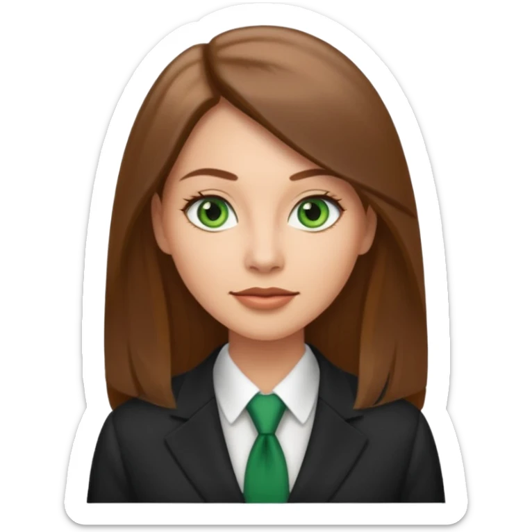 Adult woman avatar, light skin tone, oval face, straight long brown hair, green eyes, neutral mouth, business  sticker
