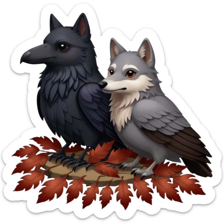 A raven bird and a wolf laying together with Weirwood leaves beneath them  sticker